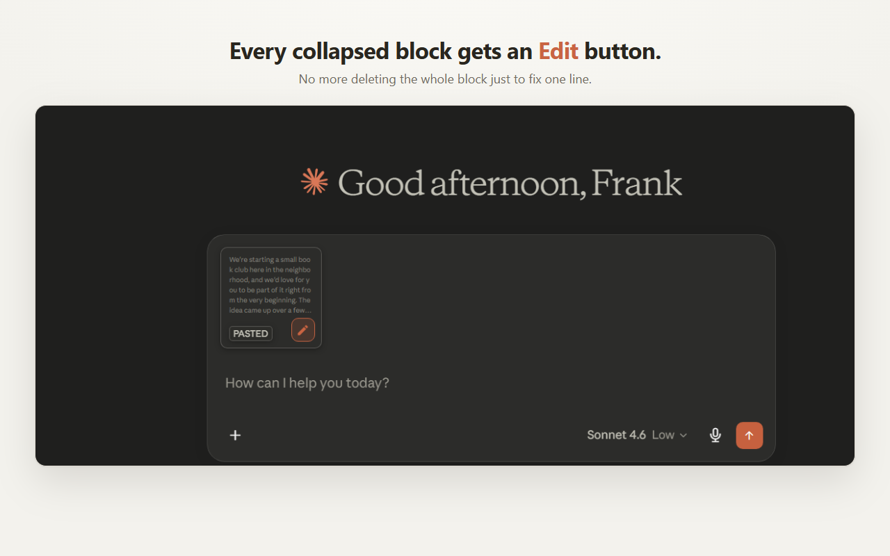 A collapsed PASTED block in the Claude composer with an Edit pencil button in its corner.