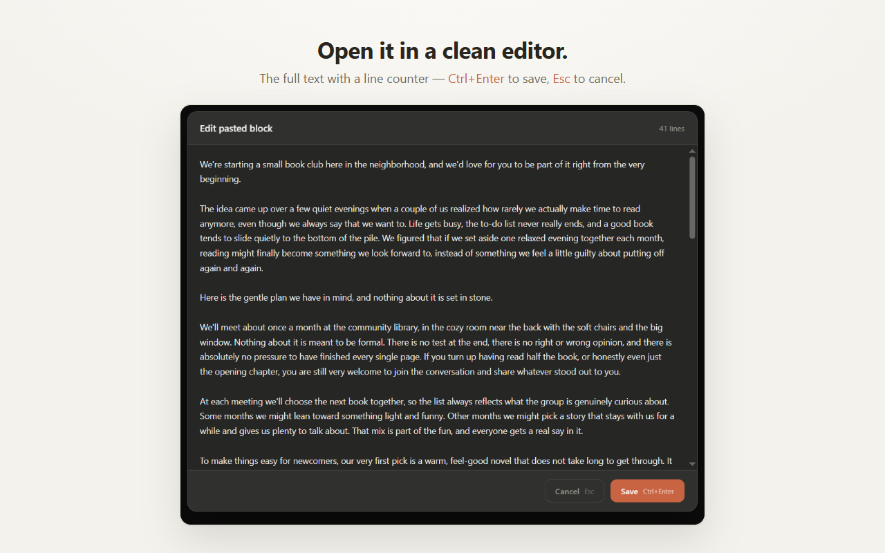 The editor open over the Claude composer, showing the pasted text with a line counter and a Save button.